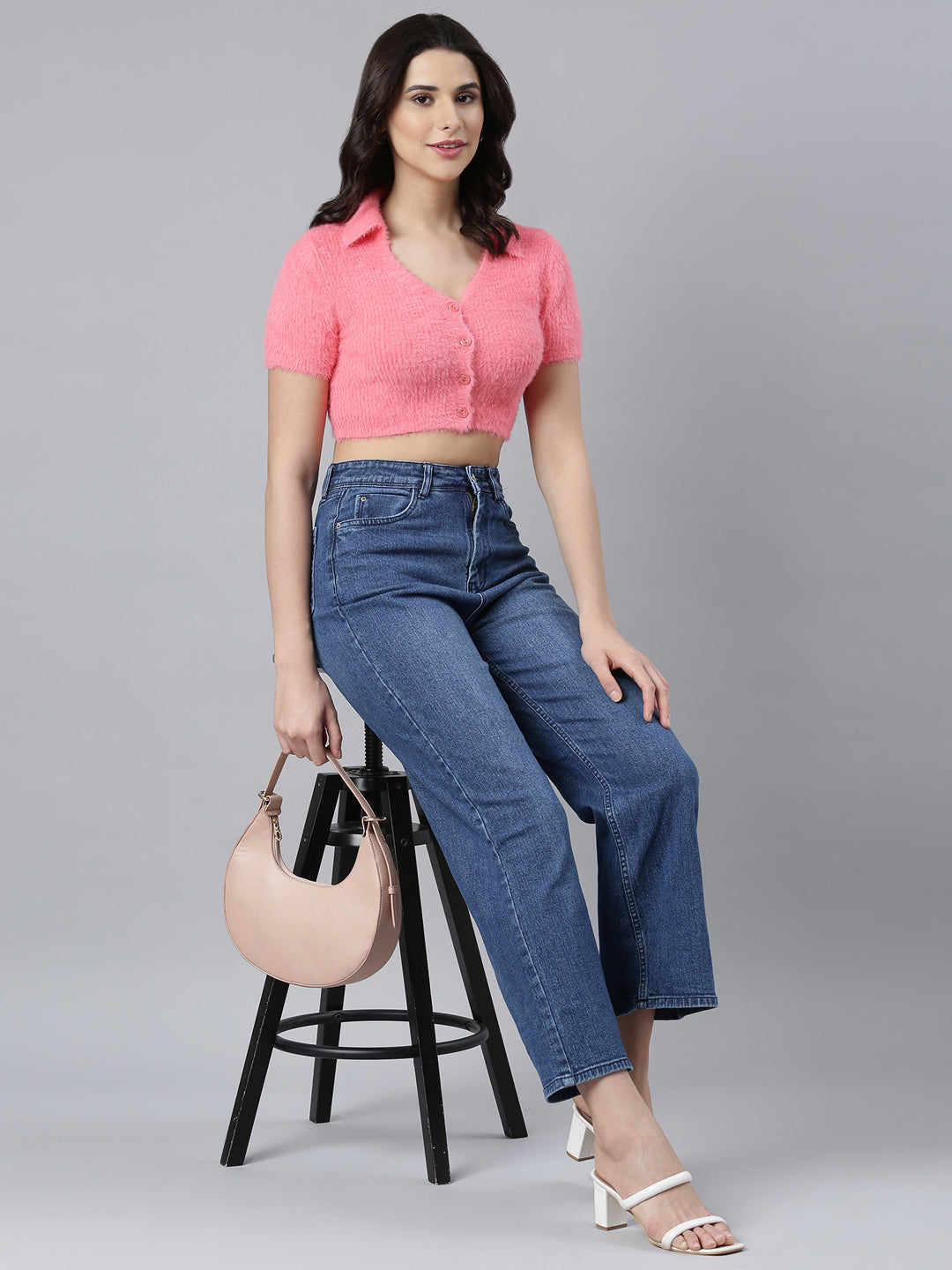 Women Solid Peach Crop Top