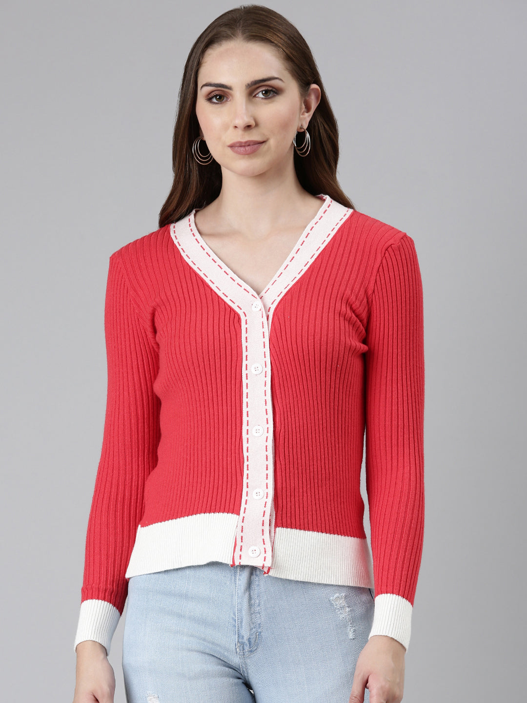 Women's Coral V-Neck Fron Open Sweater