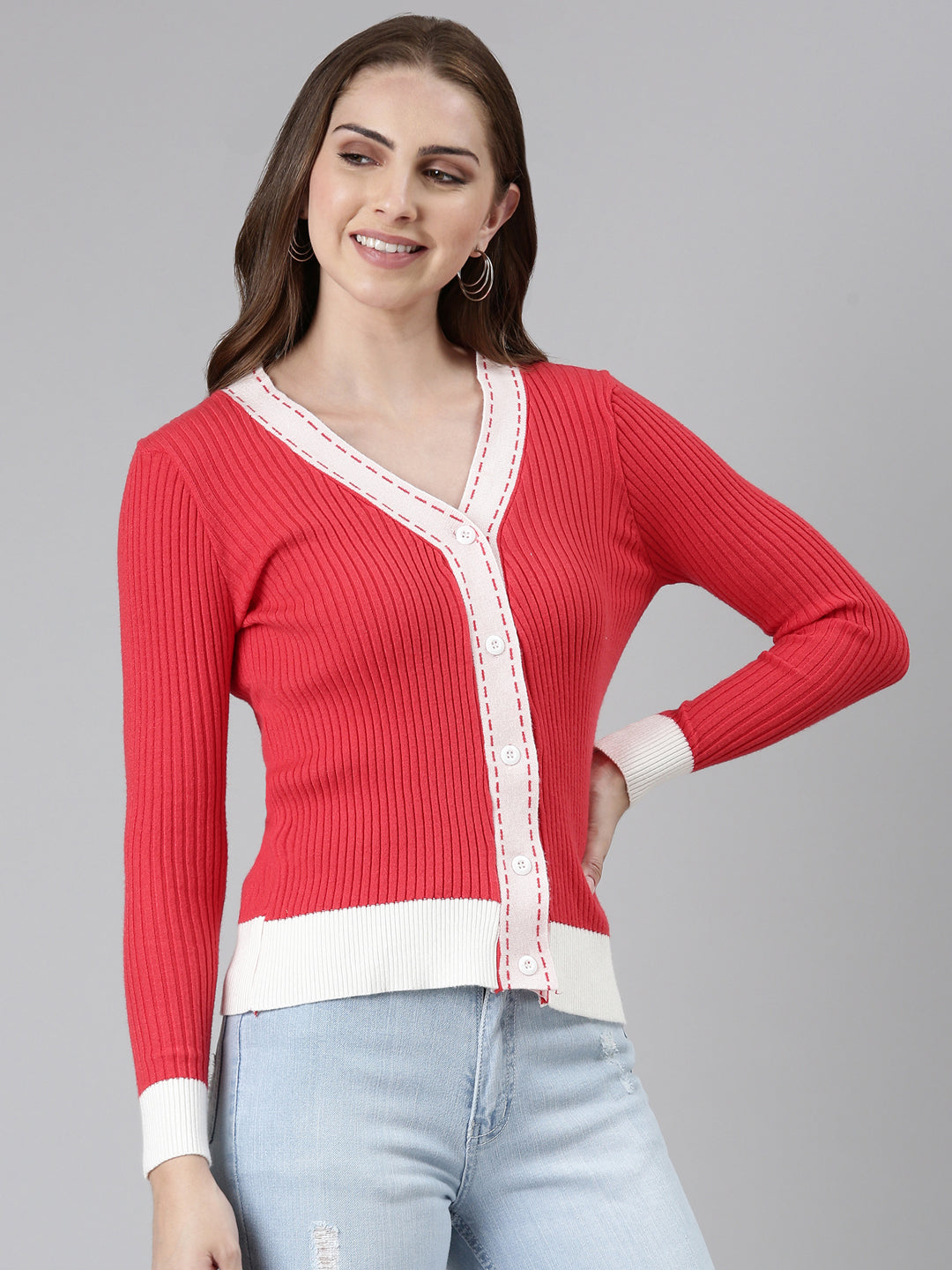 Women's Coral V-Neck Fron Open Sweater