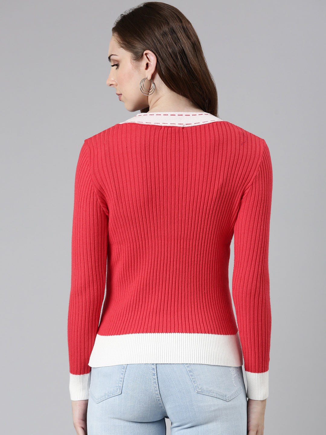 Women's Coral V-Neck Fron Open Sweater
