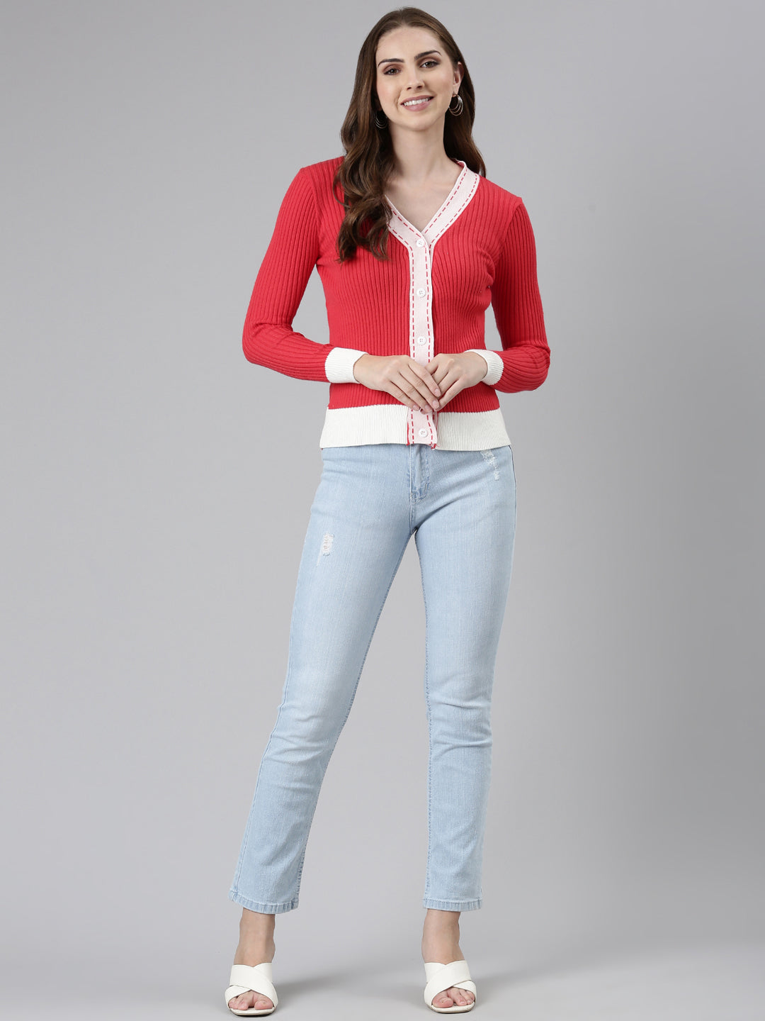 Women's Coral V-Neck Fron Open Sweater