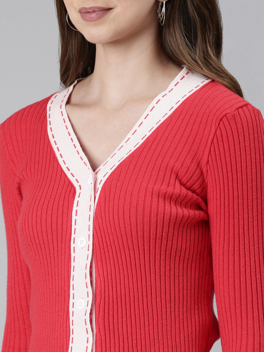 Women's Coral V-Neck Fron Open Sweater