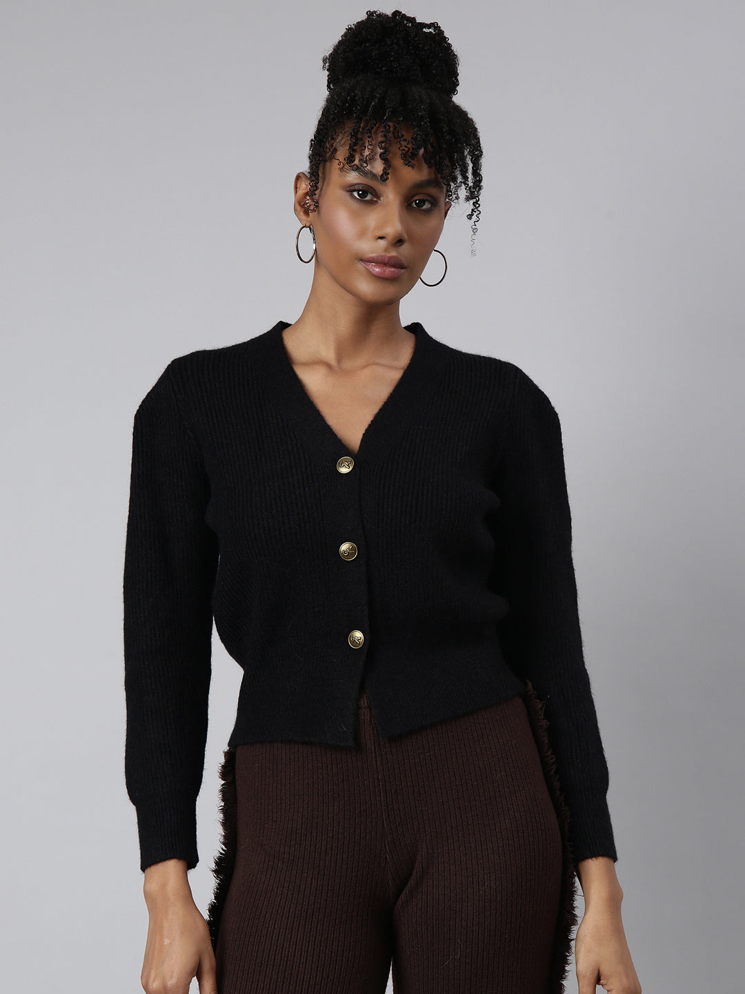 Women Solid Black Regular Cardigan