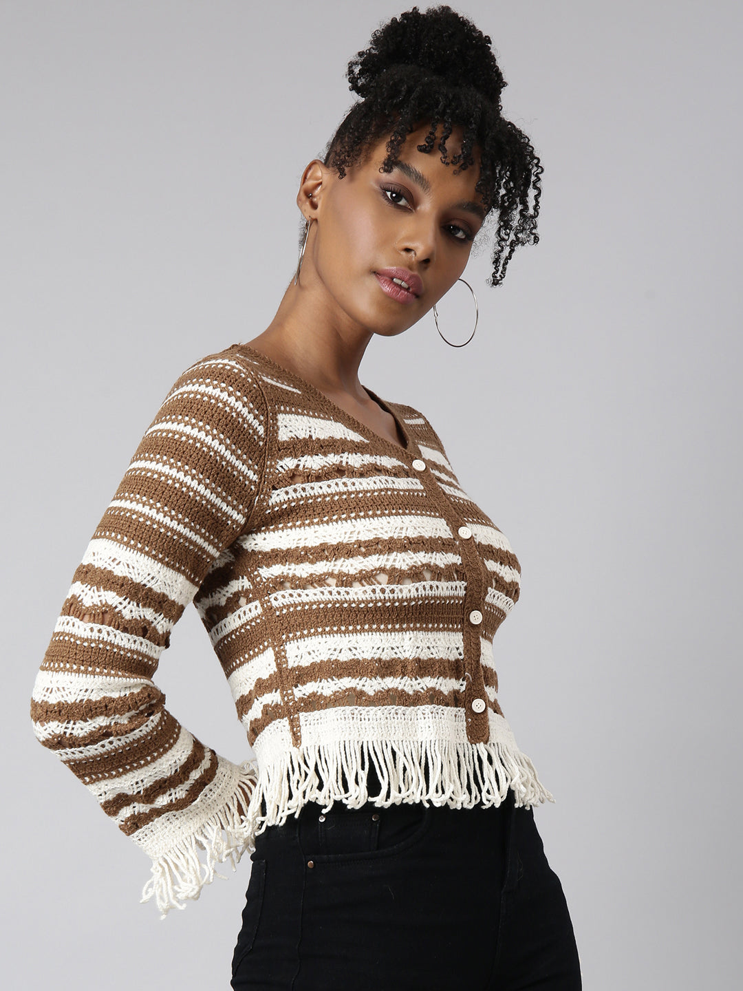 Women Brown Self Design Crochet Top