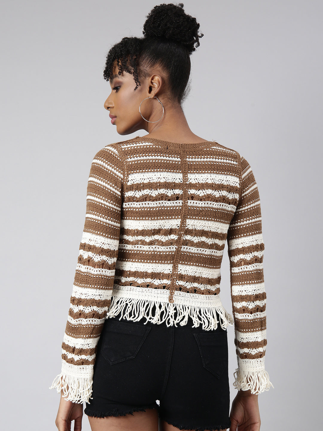 Women Brown Self Design Crochet Top