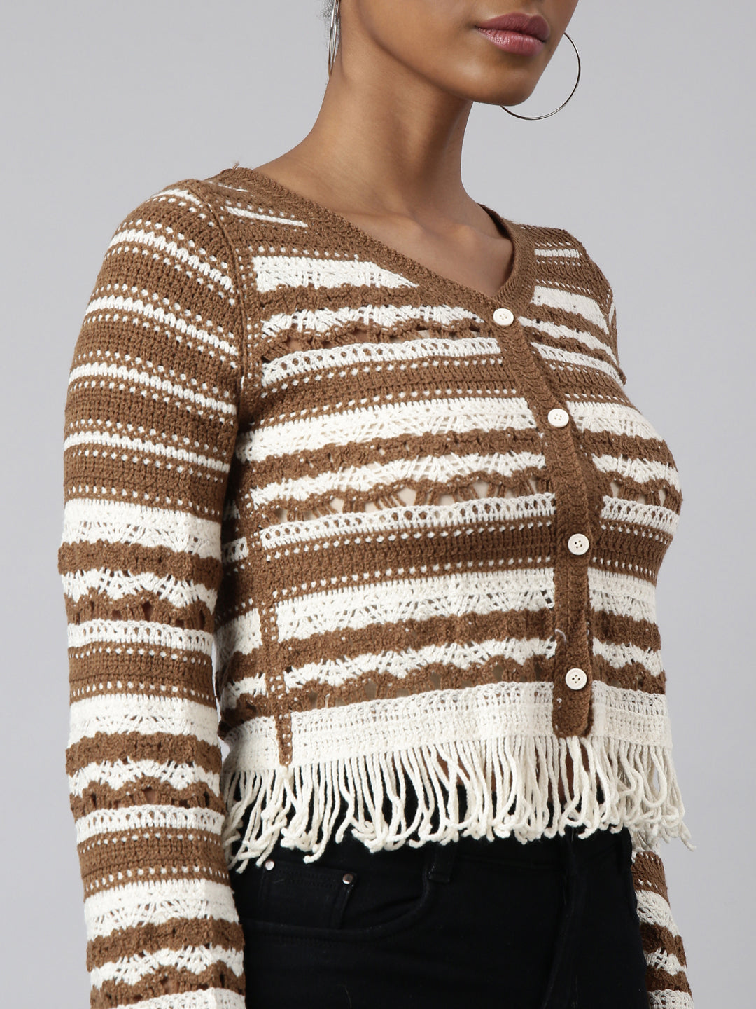 Women Brown Self Design Crochet Top