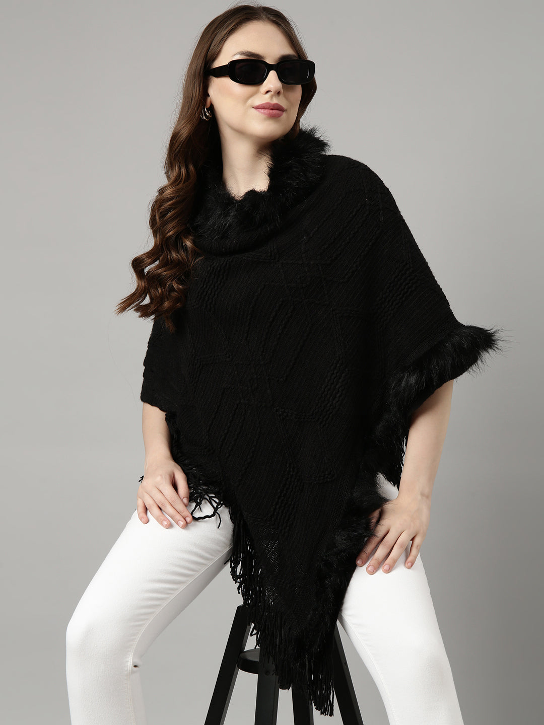 Women Solid Black Longline Poncho