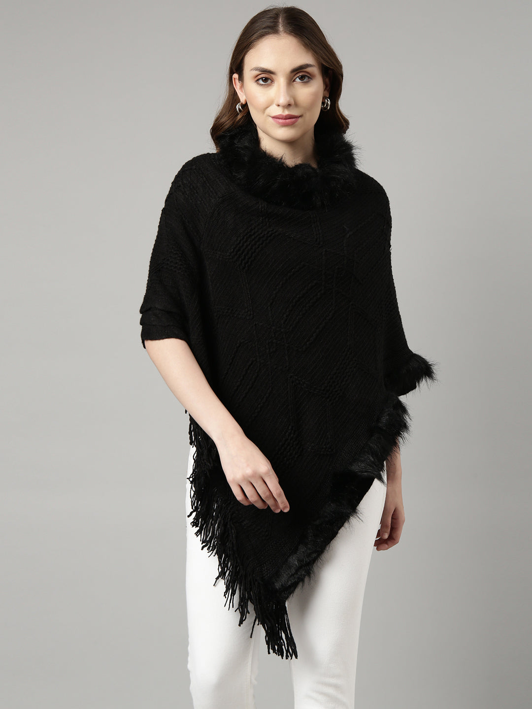 Women Solid Black Longline Poncho