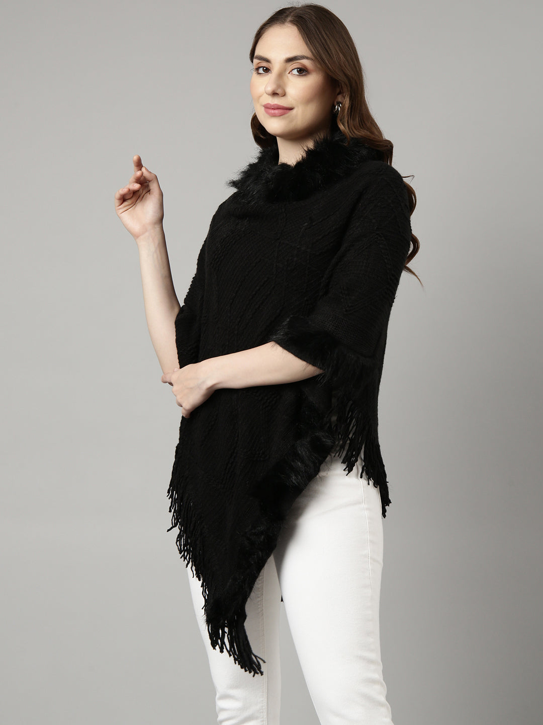 Women Solid Black Longline Poncho