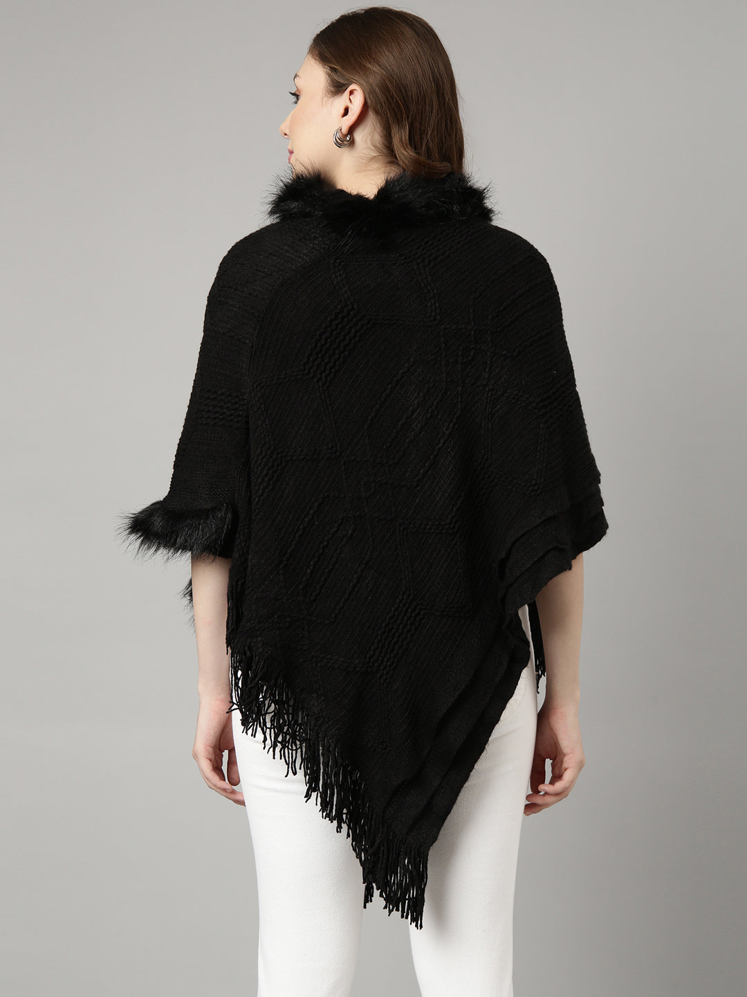 Women Solid Black Longline Poncho