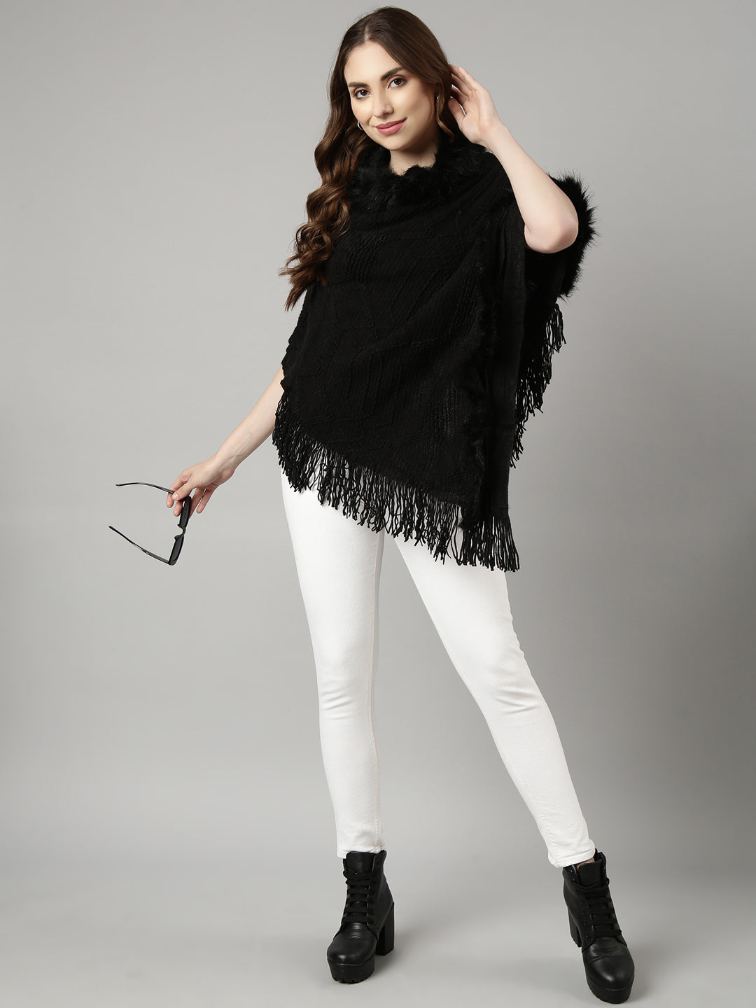 Women Solid Black Longline Poncho