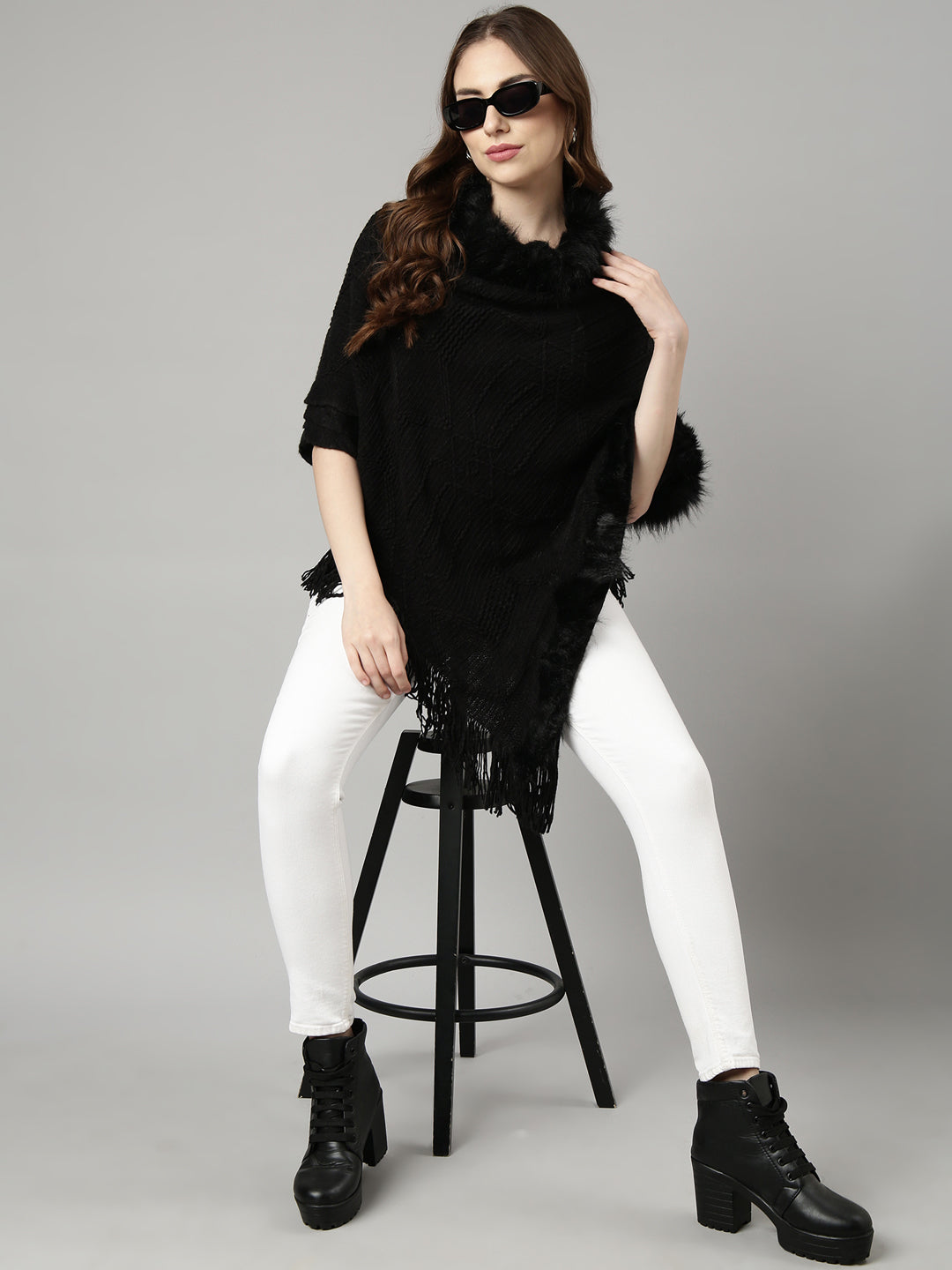 Women Solid Black Longline Poncho