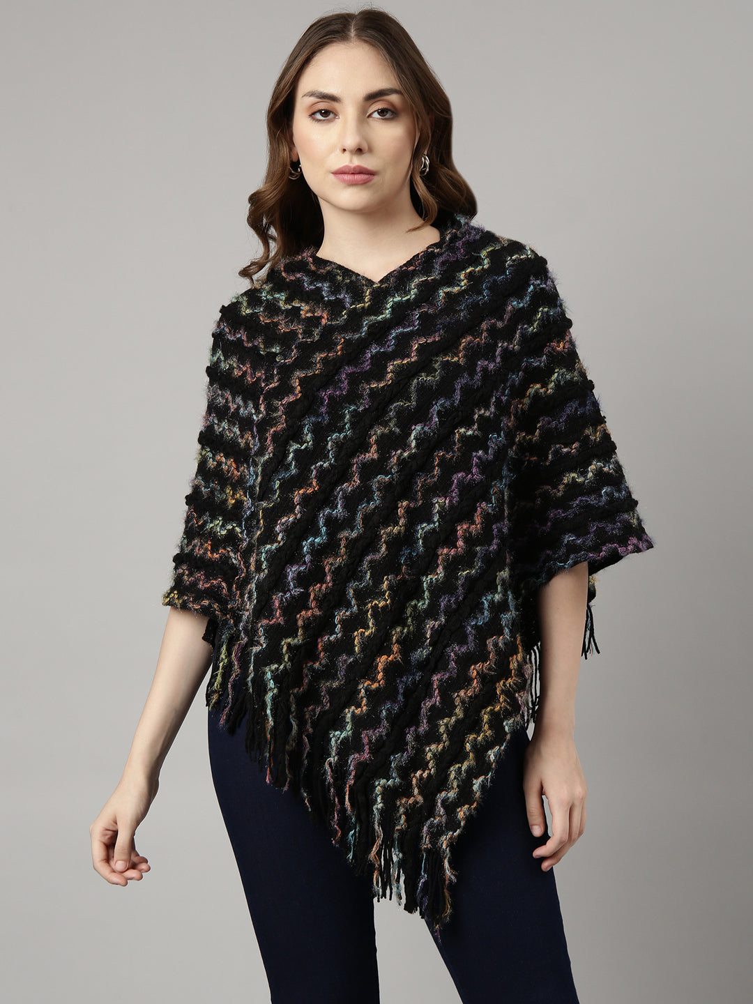 Women Chevron Black Longline Poncho