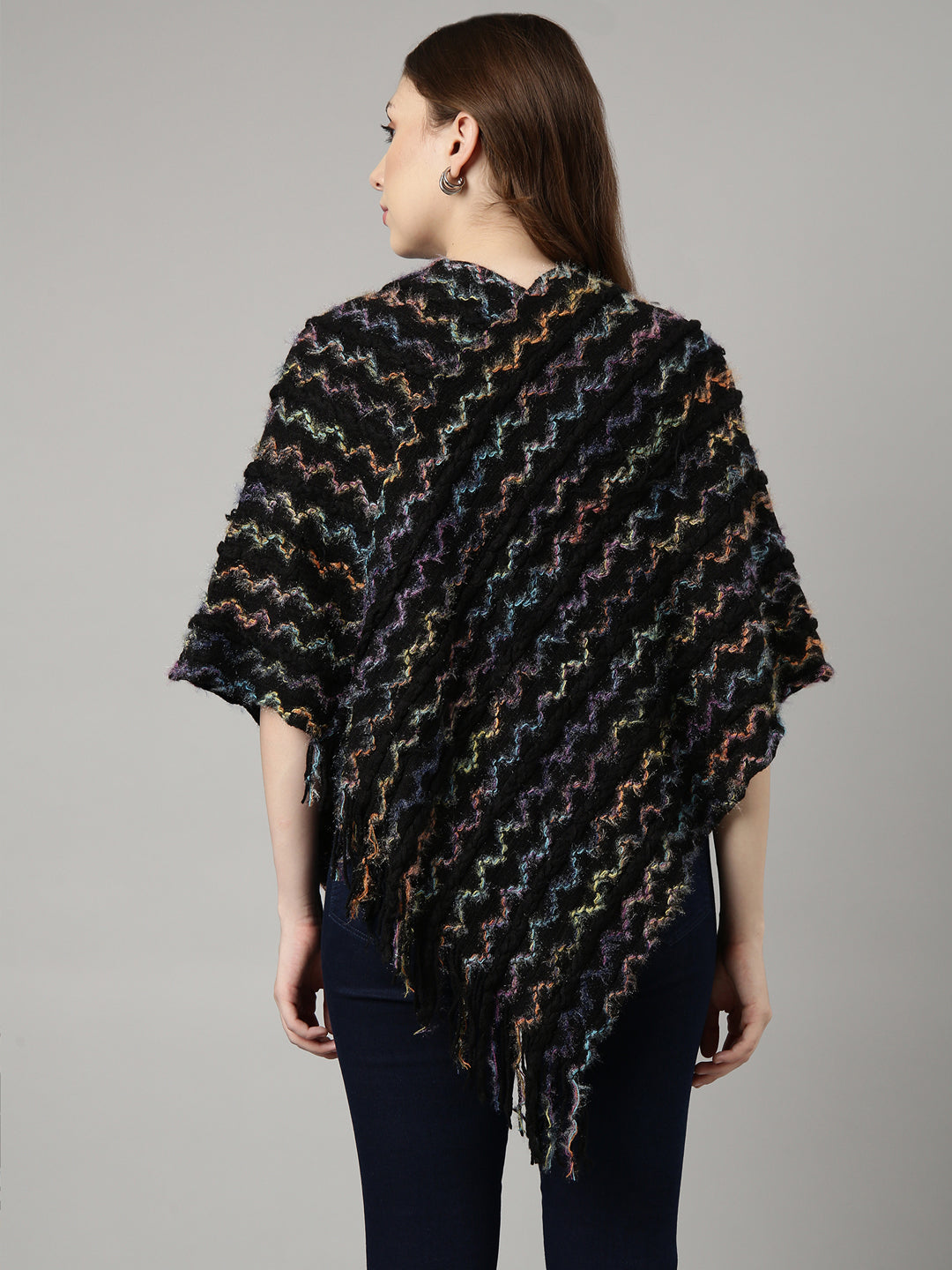 Women Chevron Black Longline Poncho