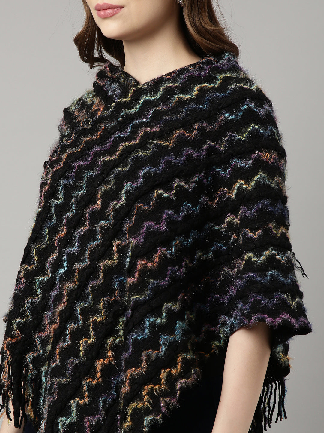 Women Chevron Black Longline Poncho