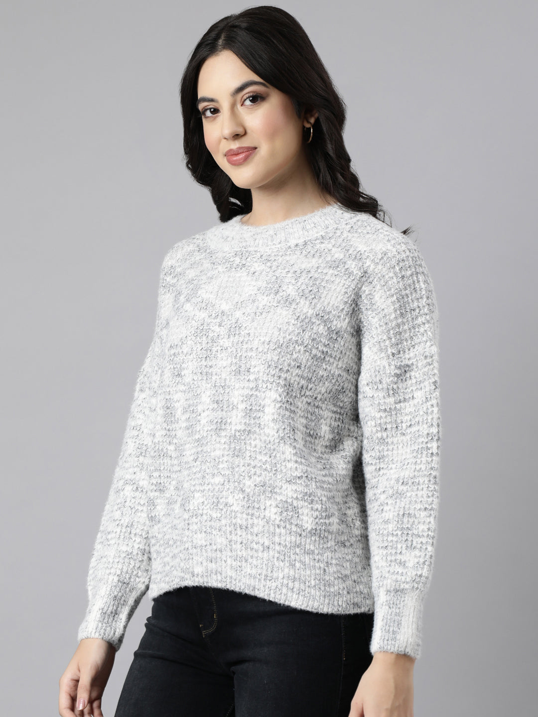 Women Self Design Grey Drop Shoulder Pullover