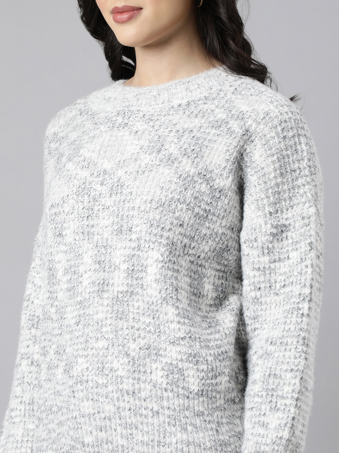 Women Self Design Grey Drop Shoulder Pullover