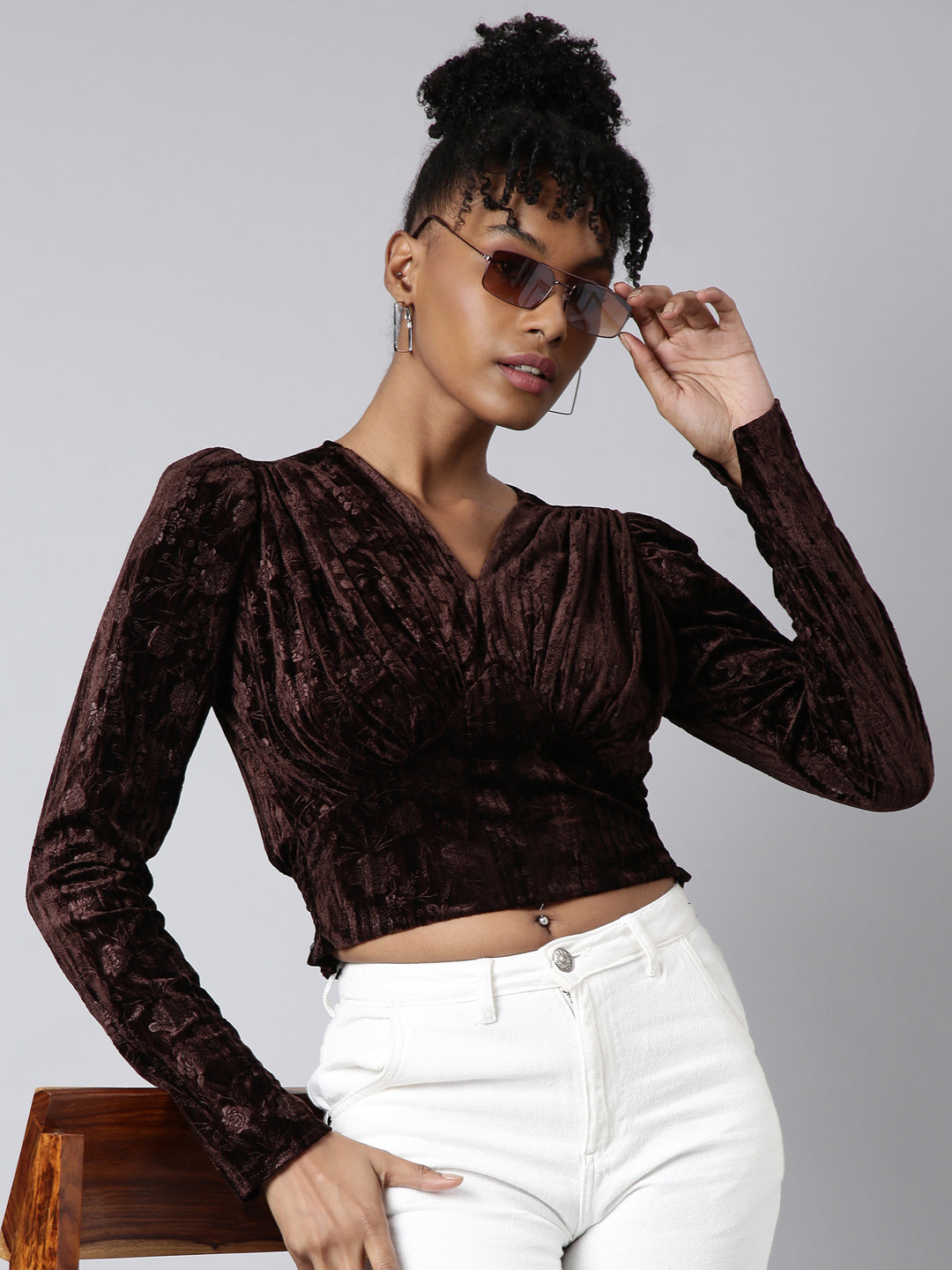 Women Brown Solid Cinched Waist Crop Top