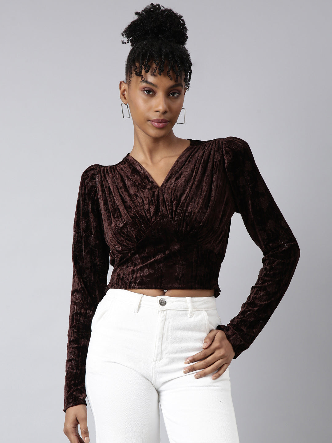 Women Brown Solid Cinched Waist Crop Top