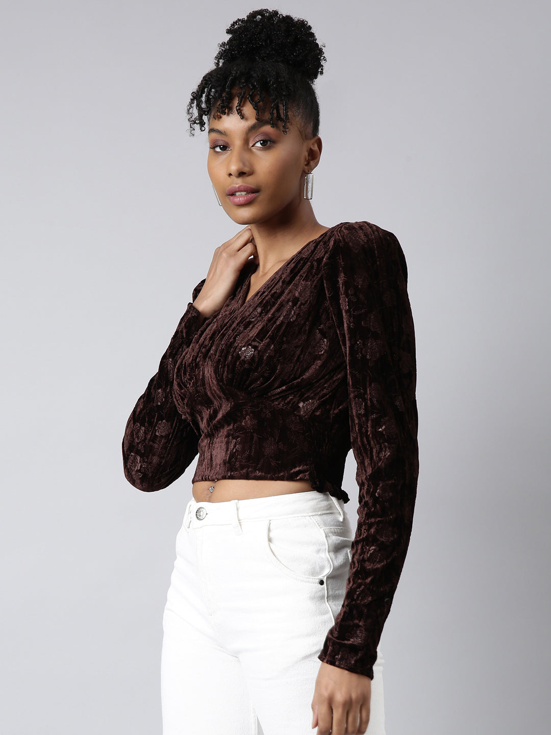 Women Brown Solid Cinched Waist Crop Top