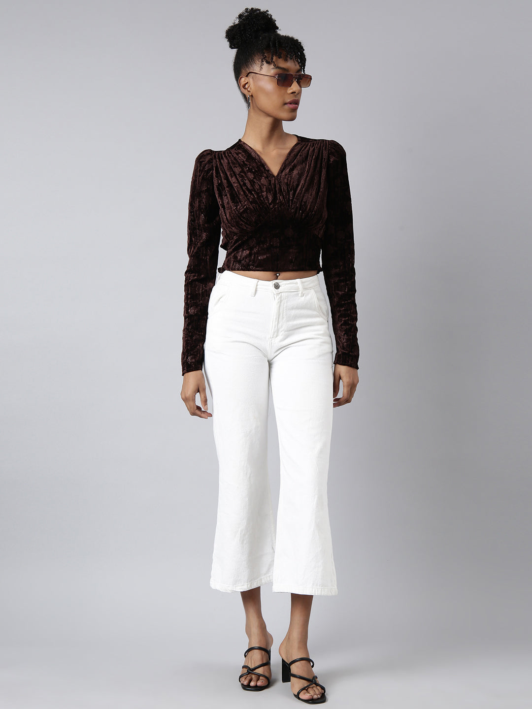 Women Brown Solid Cinched Waist Crop Top