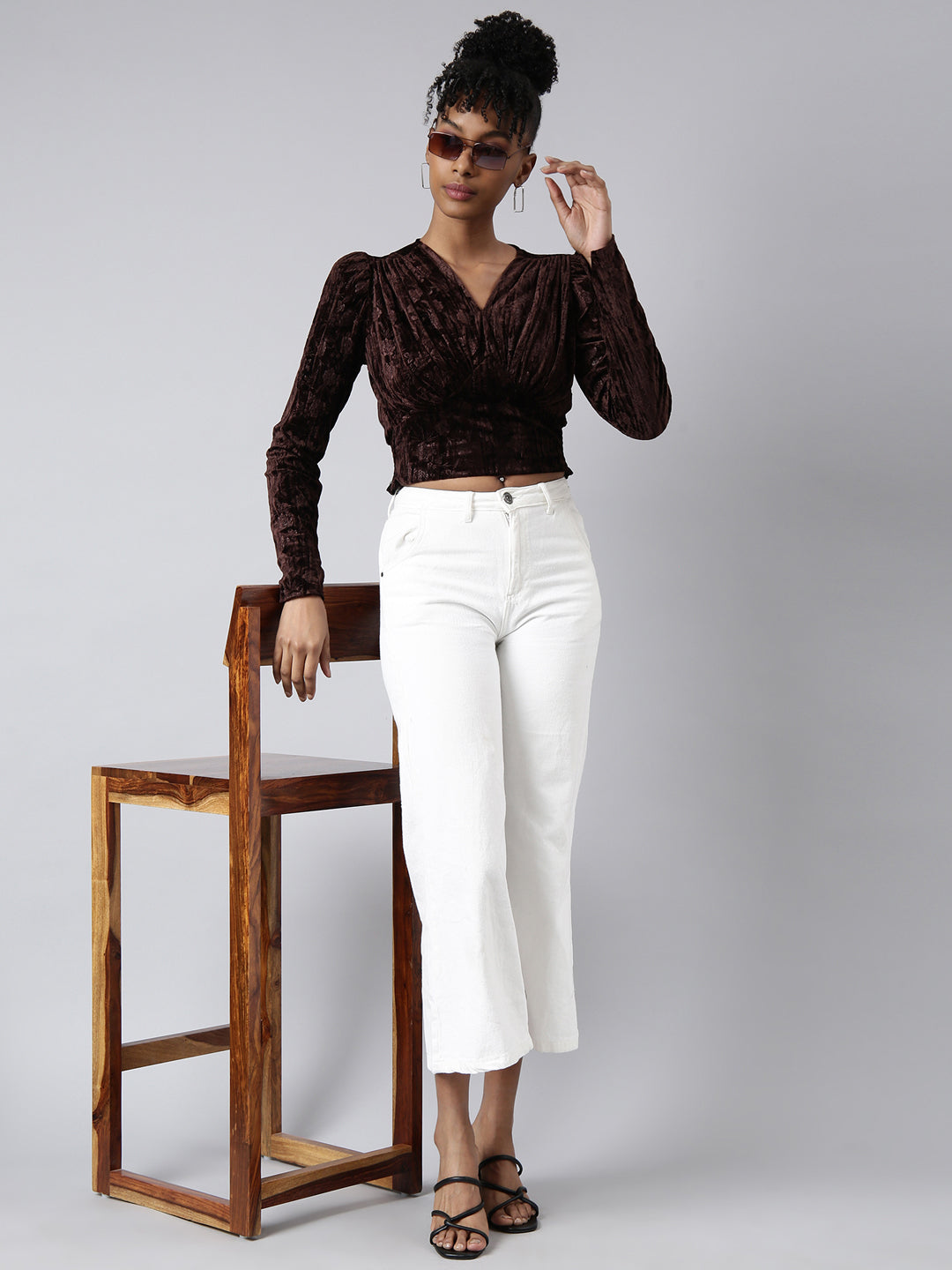 Women Brown Solid Cinched Waist Crop Top