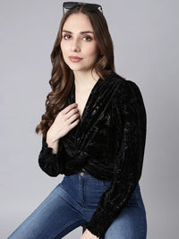 Women's Black Solid Cinched Waist Top