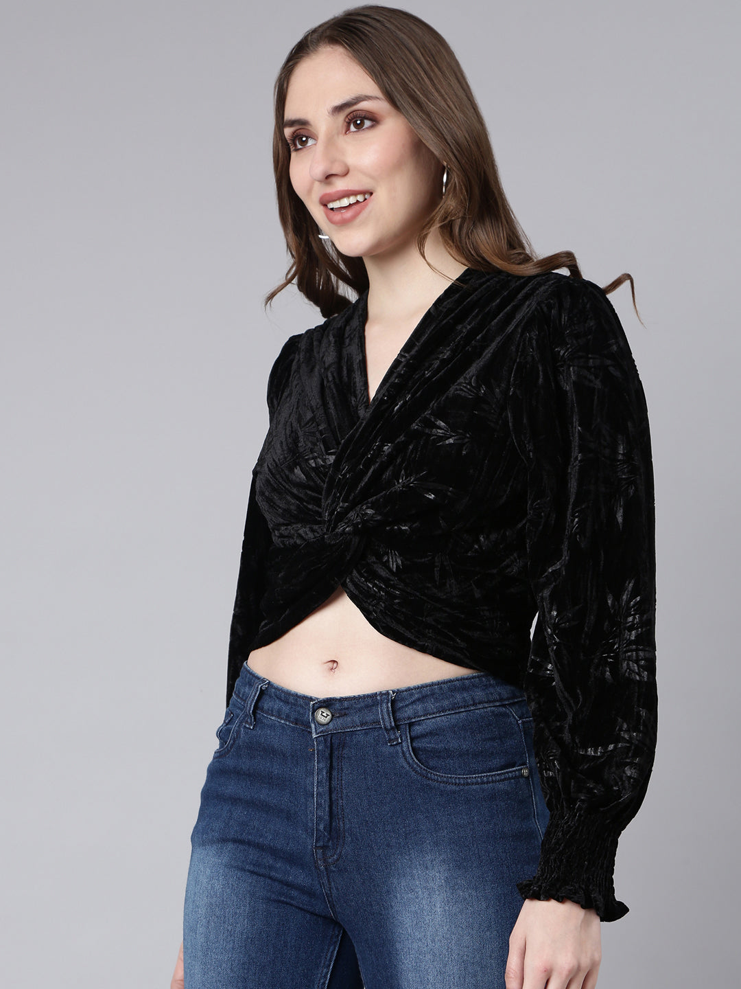 Women Black Solid Cinched Waist Top