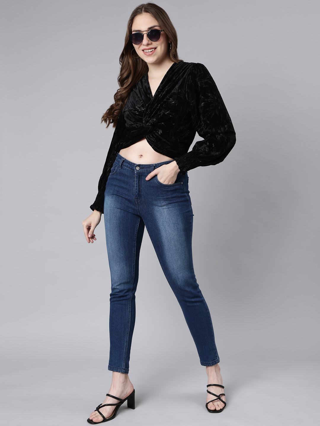 Women Black Solid Cinched Waist Top