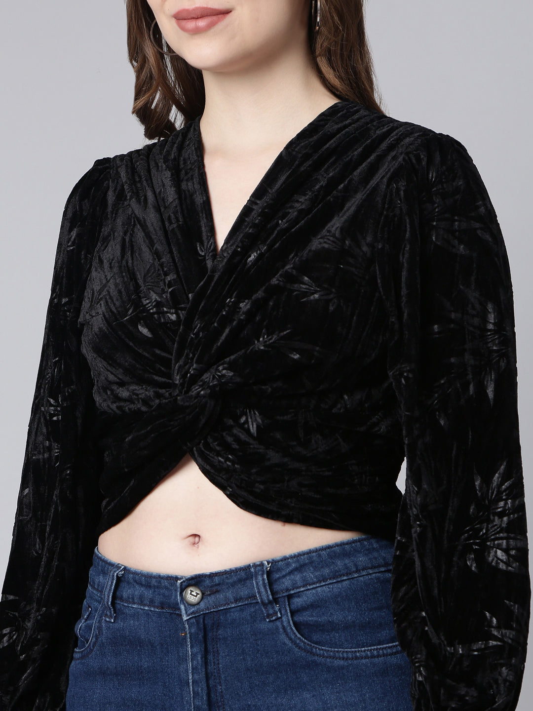 Women Black Solid Cinched Waist Top