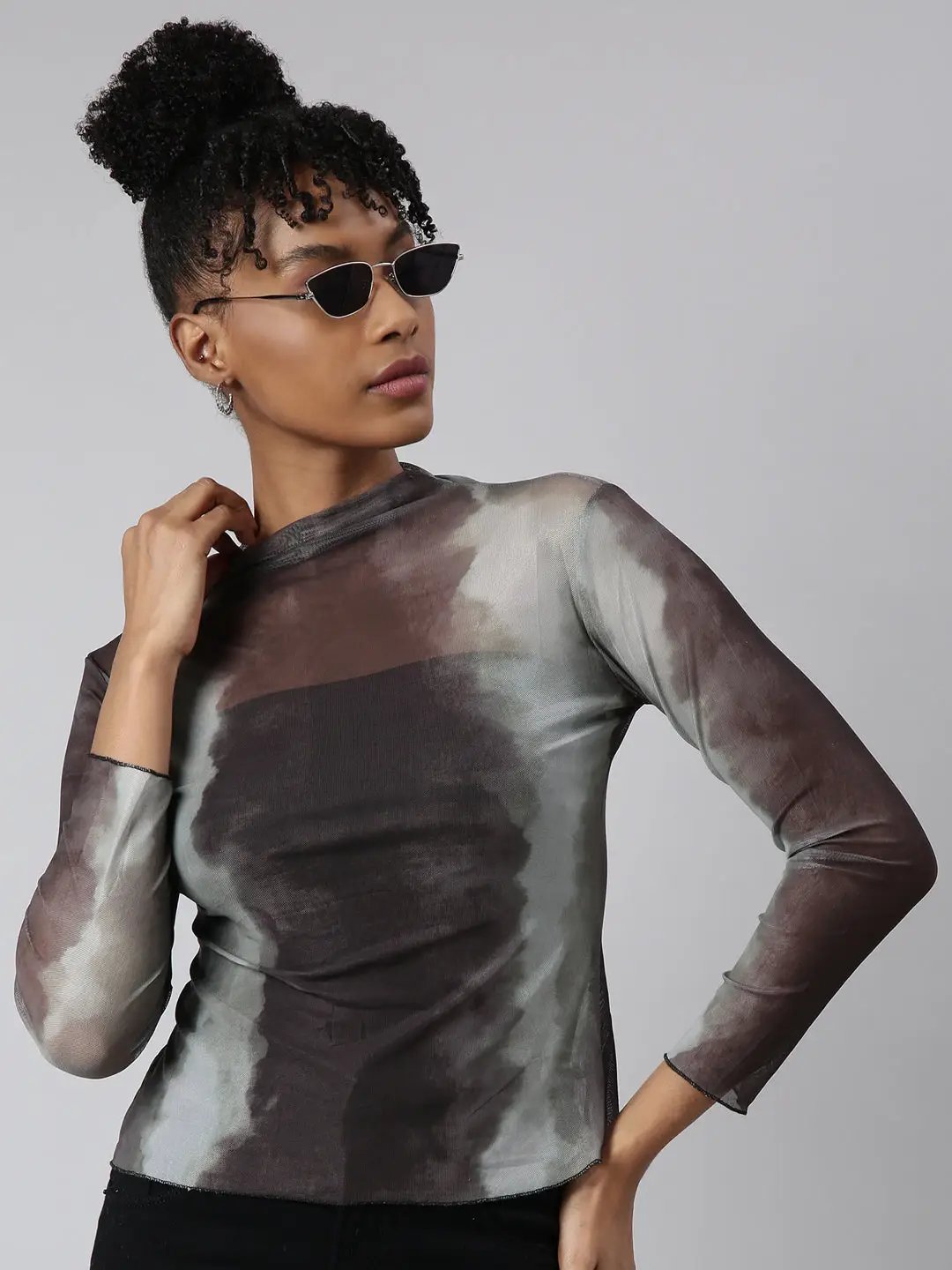 Women's Brown Tie and Dye Fitted Top