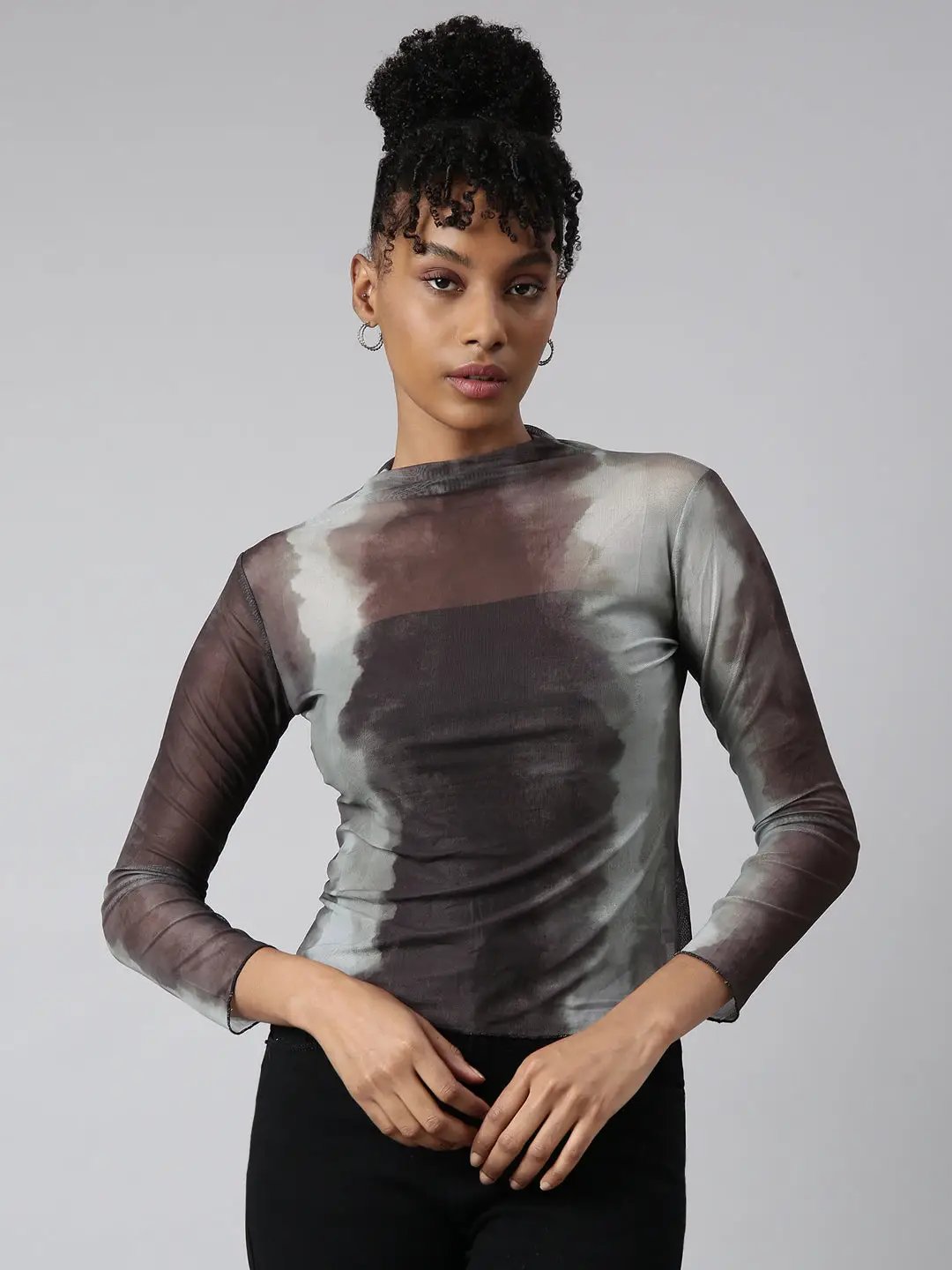 Women's Brown Tie and Dye Fitted Top