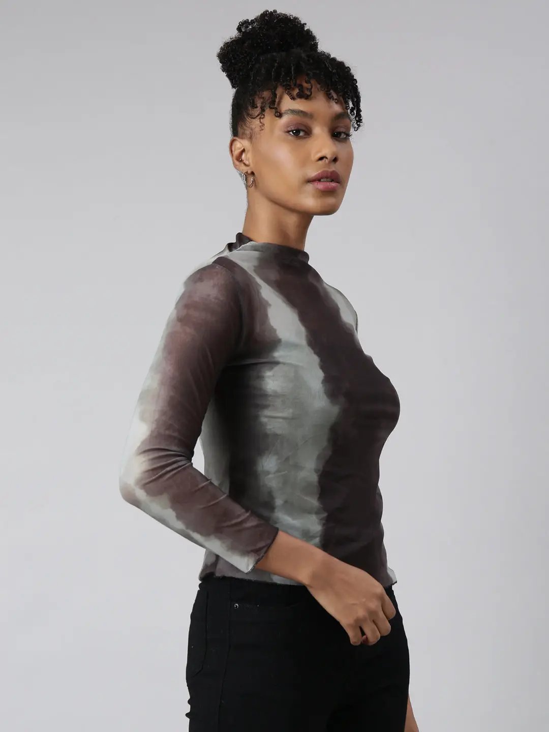 Women's Brown Tie and Dye Fitted Top