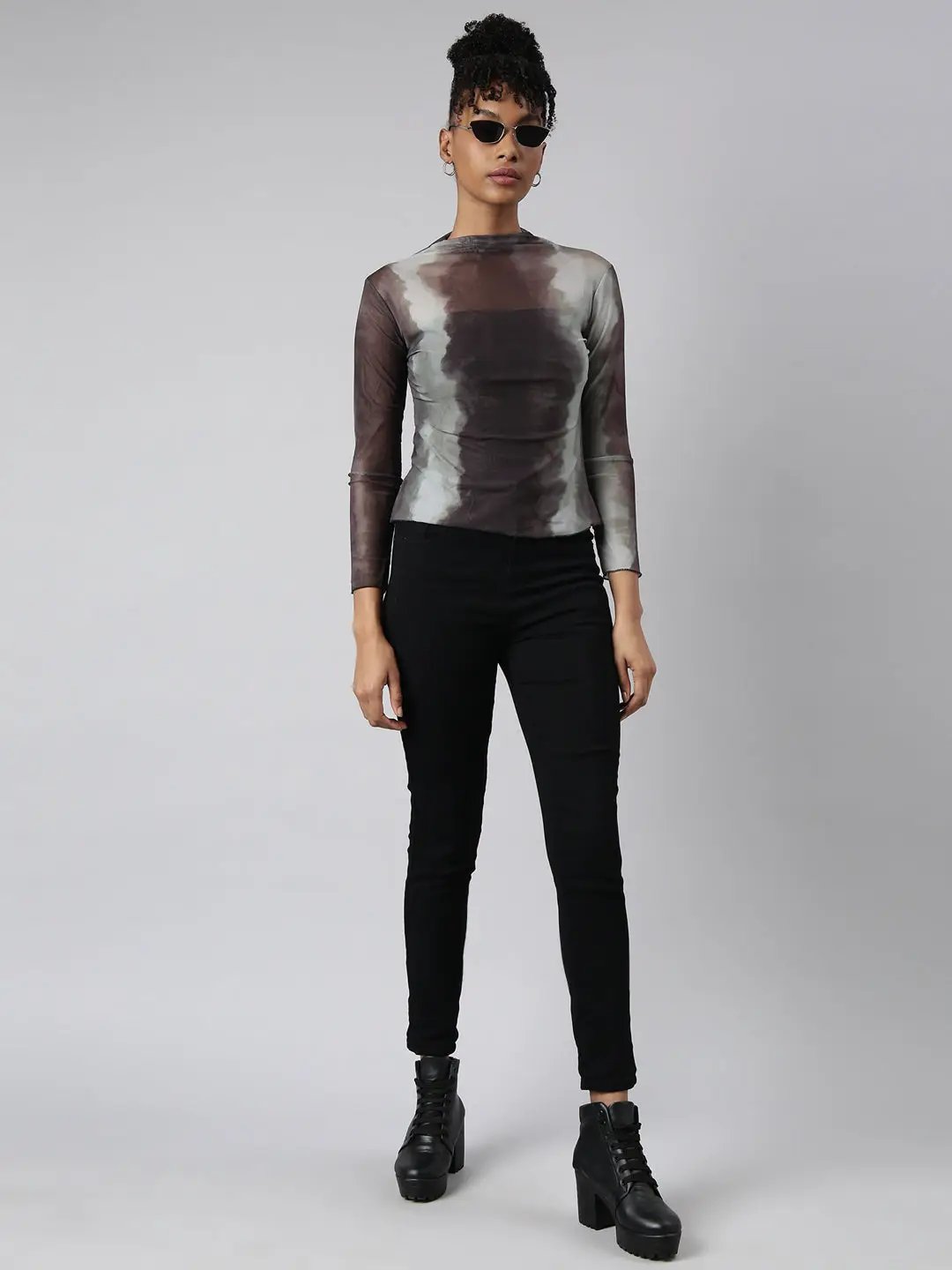 Women's Brown Tie and Dye Fitted Top