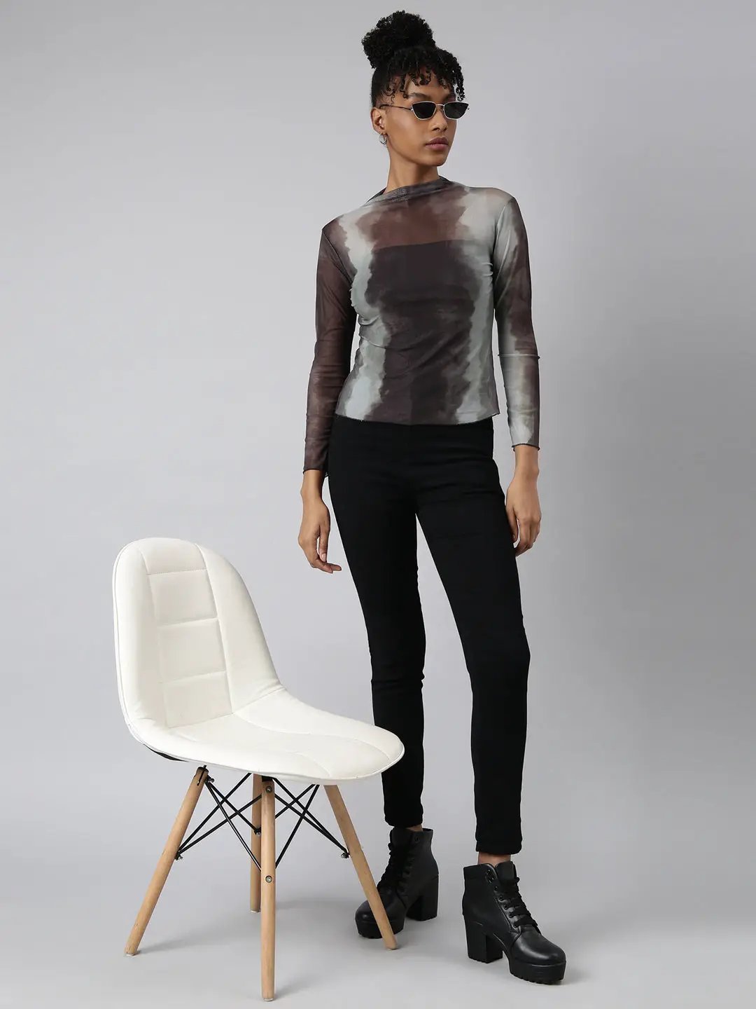 Women's Brown Tie and Dye Fitted Top