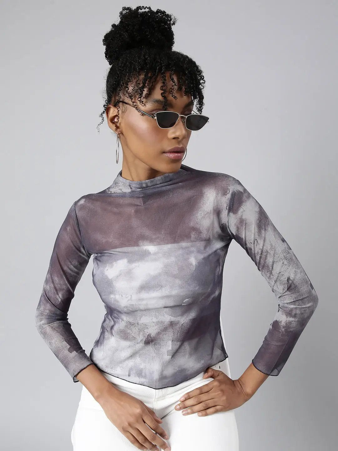 Women's Grey Tie and Dye Fitted Top
