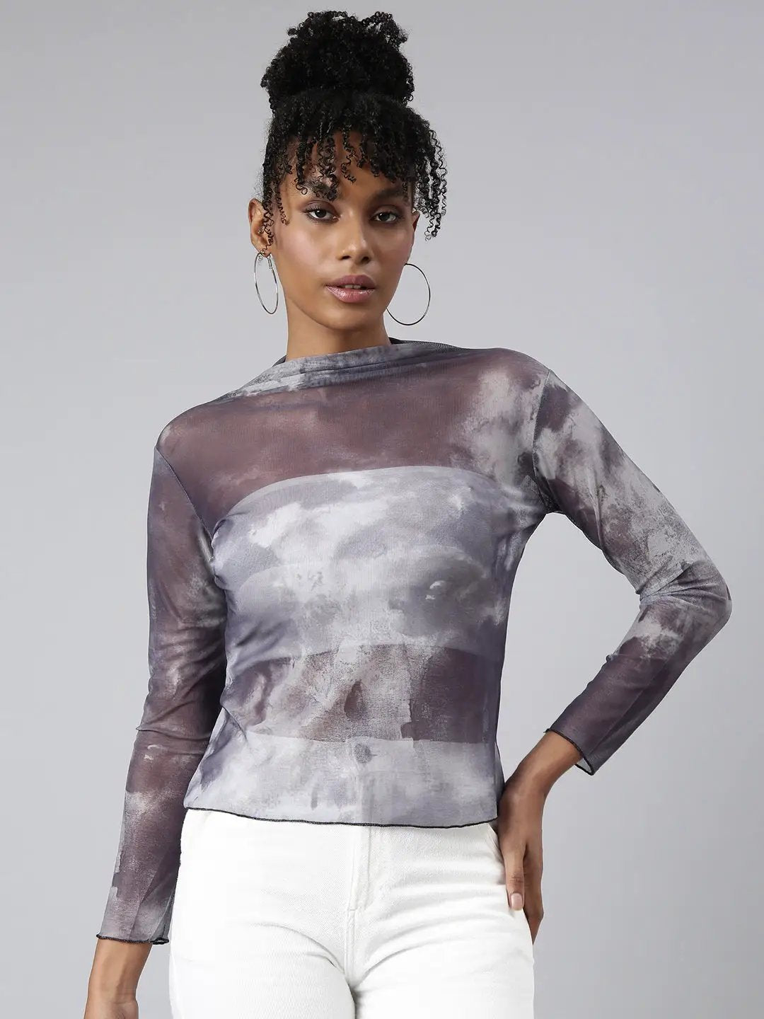 Women's Grey Tie and Dye Fitted Top