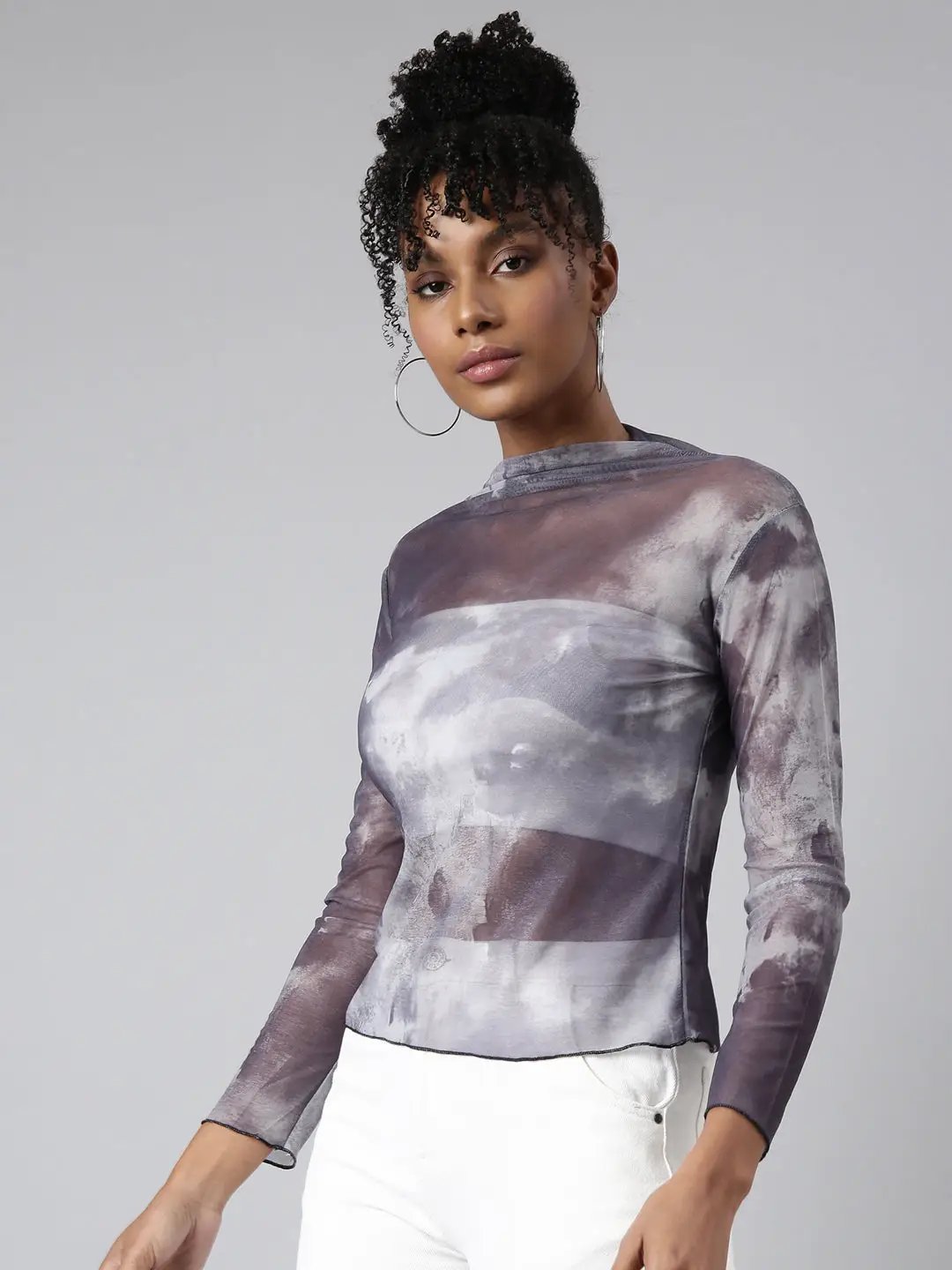 Women's Grey Tie and Dye Fitted Top