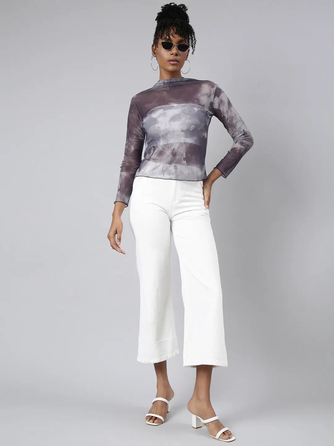 Women's Grey Tie and Dye Fitted Top