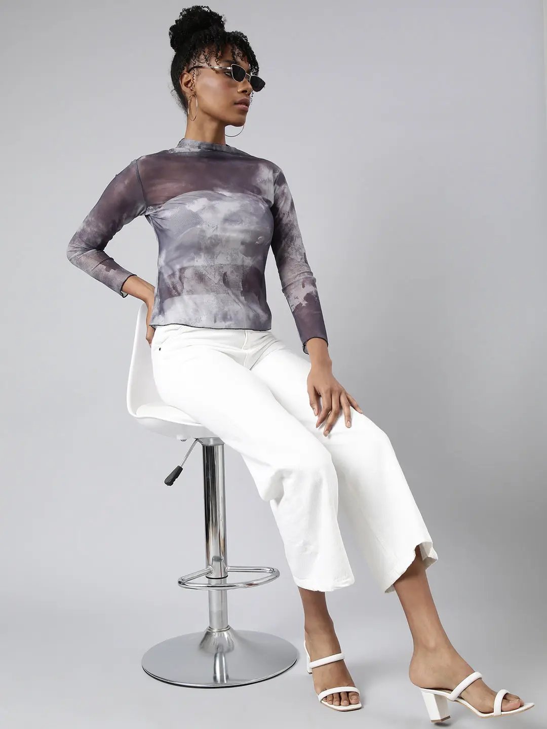 Women's Grey Tie and Dye Fitted Top