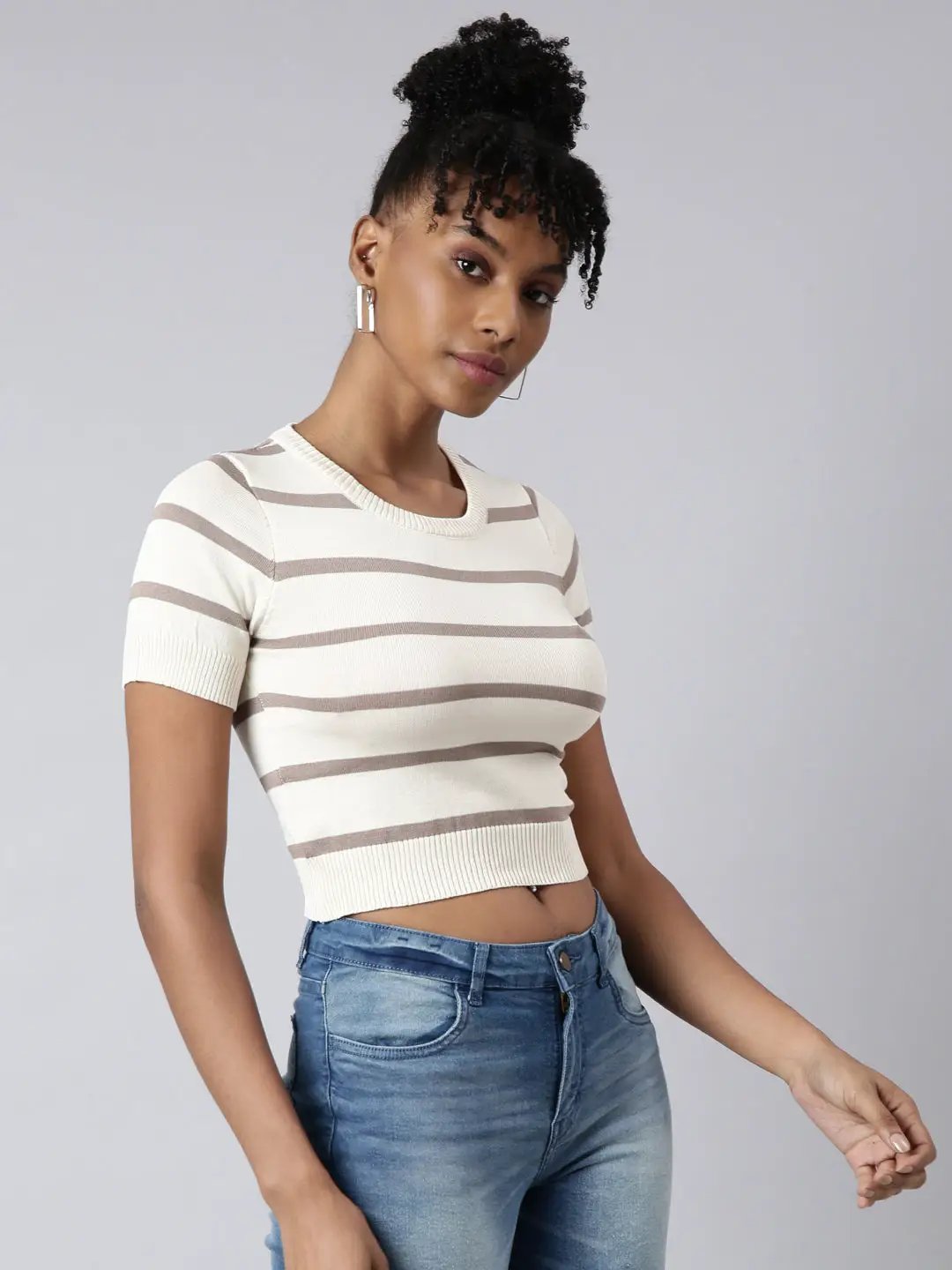 Women's Cream Horizontal Stripes Fitted Crop Top