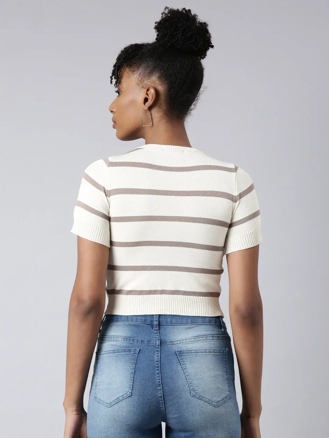 Women's Cream Horizontal Stripes Fitted Crop Top