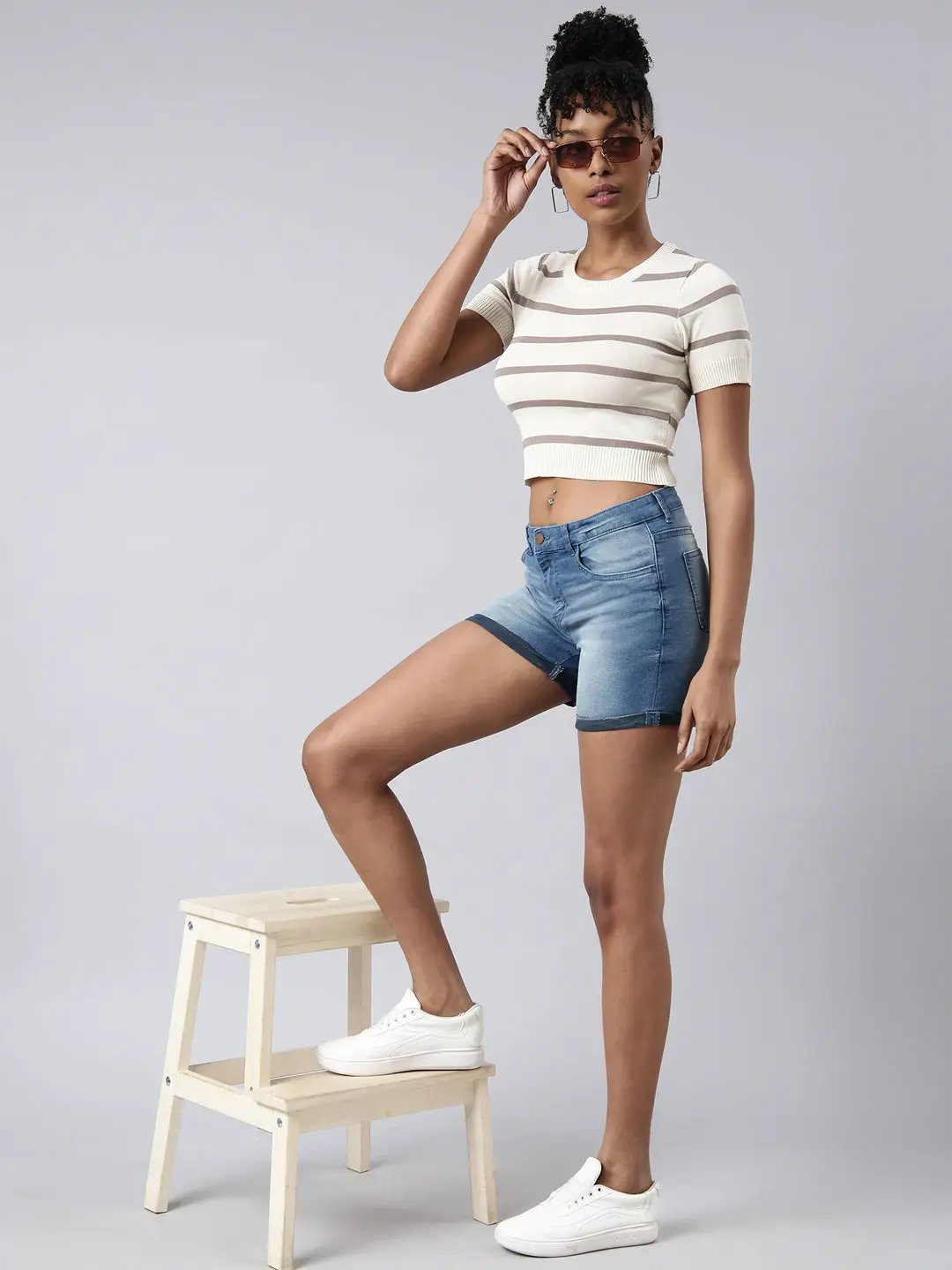 Women's Cream Horizontal Stripes Fitted Crop Top