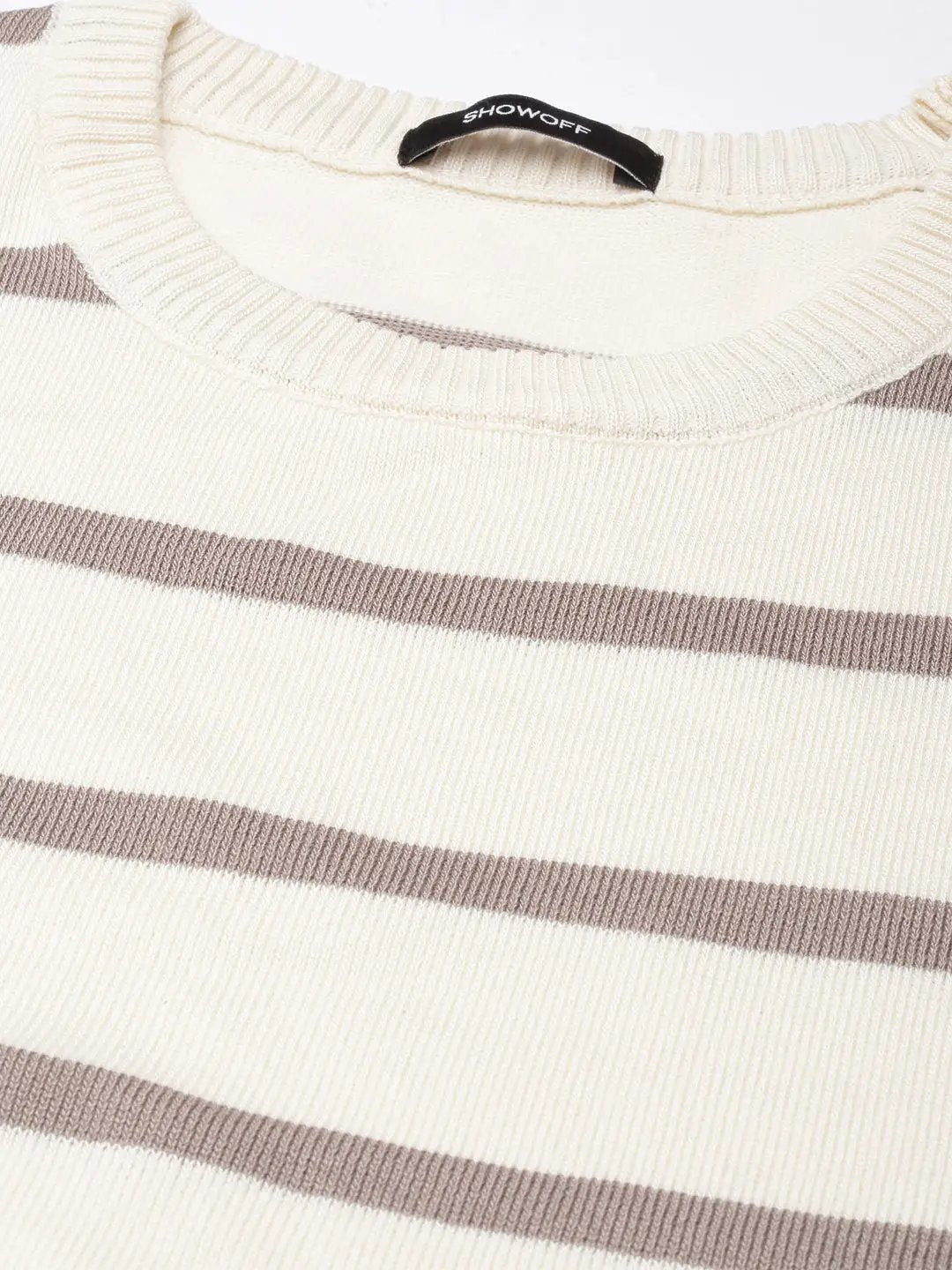 Women's Cream Horizontal Stripes Fitted Crop Top