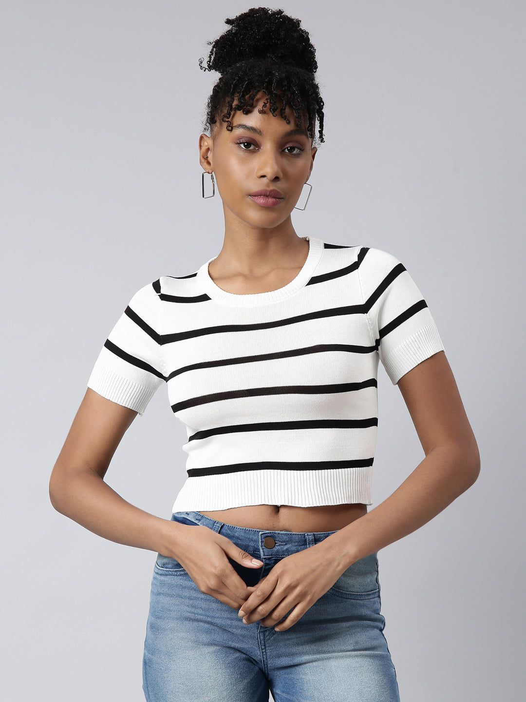 Women White Horizontal Stripes Fitted Crop Top