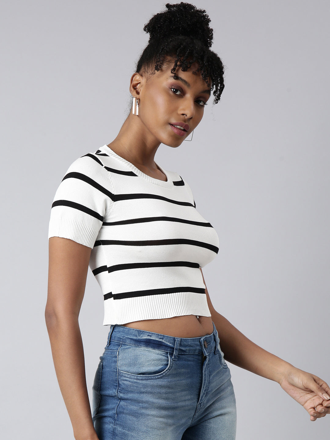 Women White Horizontal Stripes Fitted Crop Top