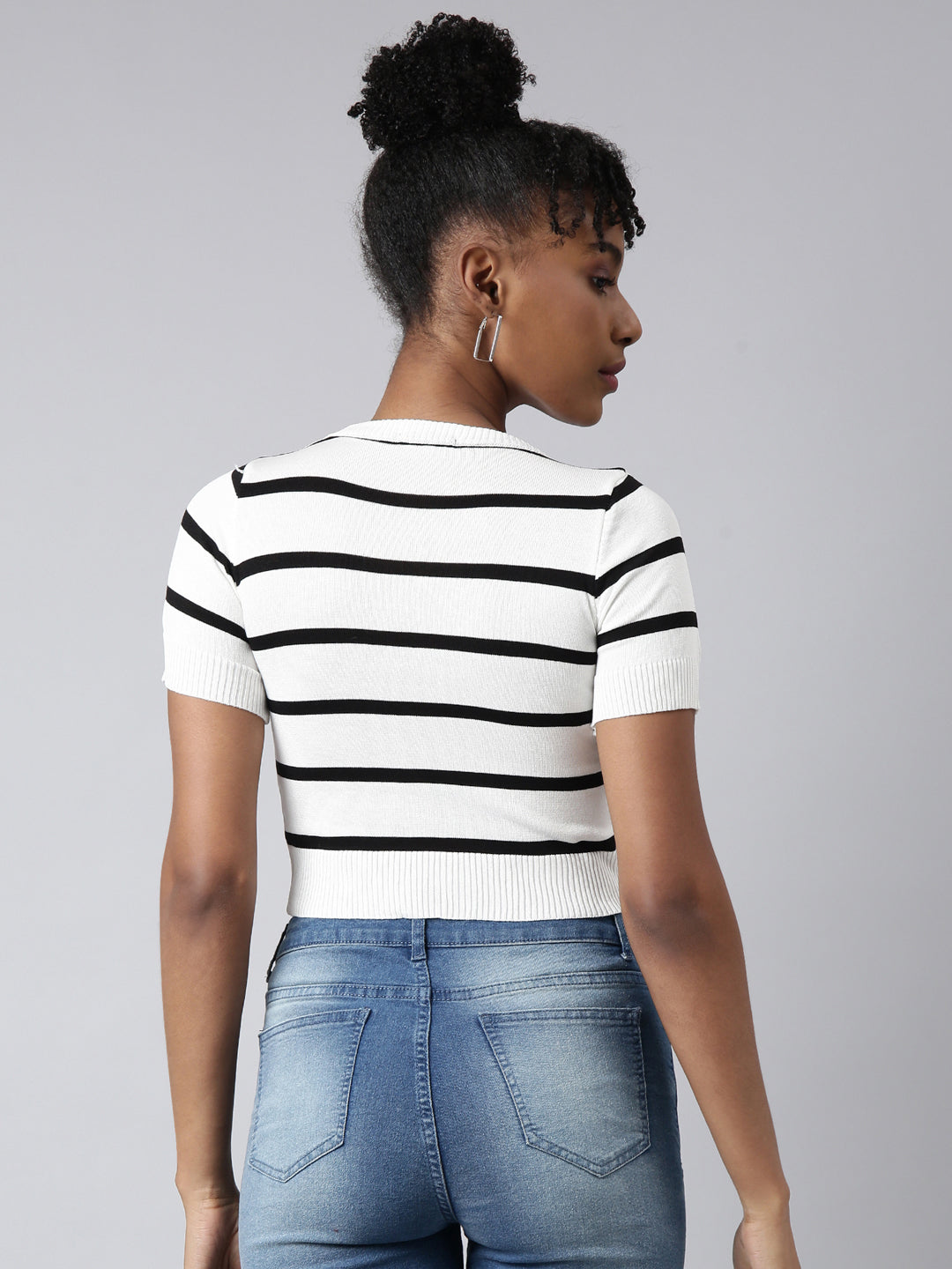 Women White Horizontal Stripes Fitted Crop Top