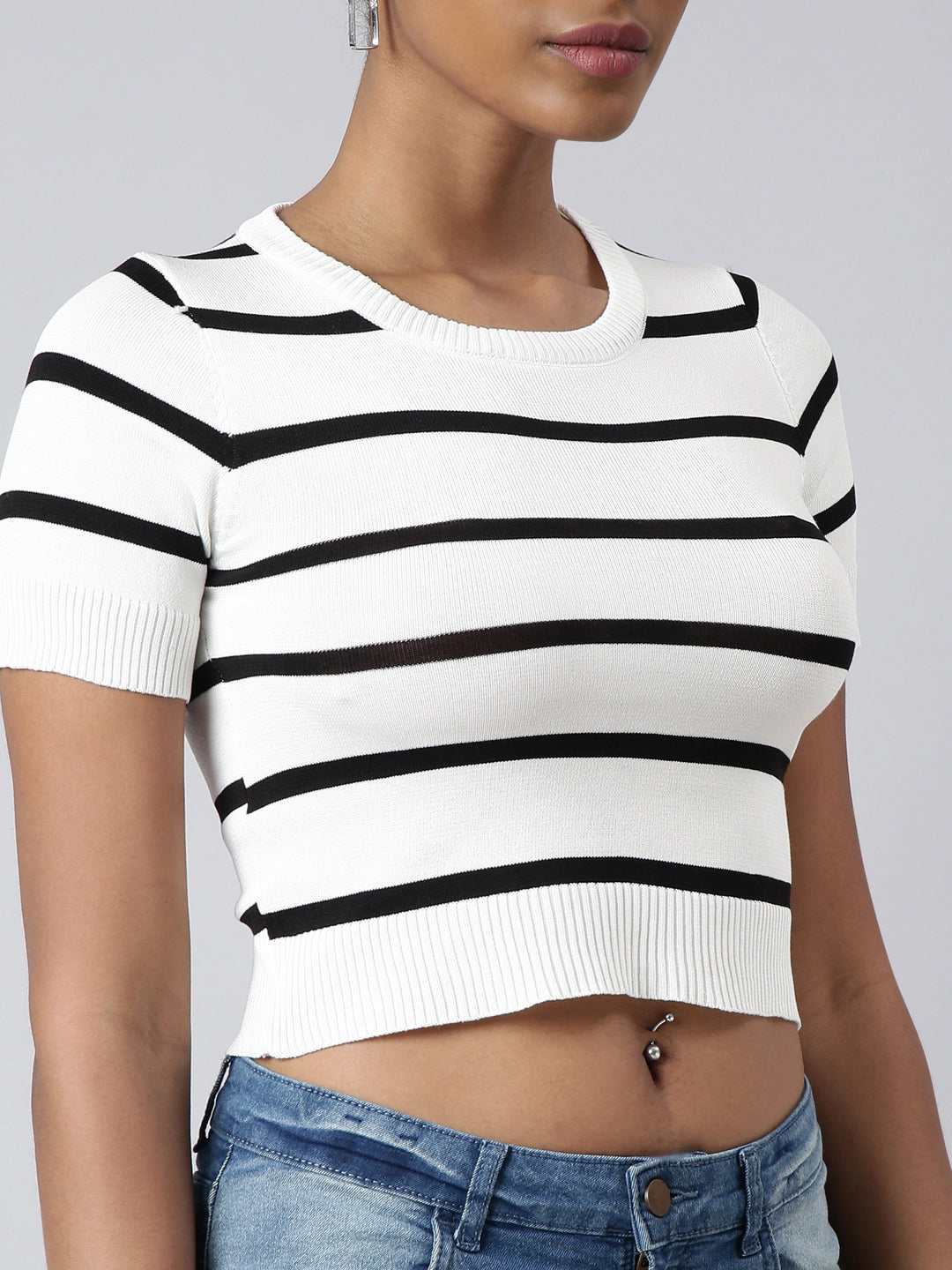 Women White Horizontal Stripes Fitted Crop Top