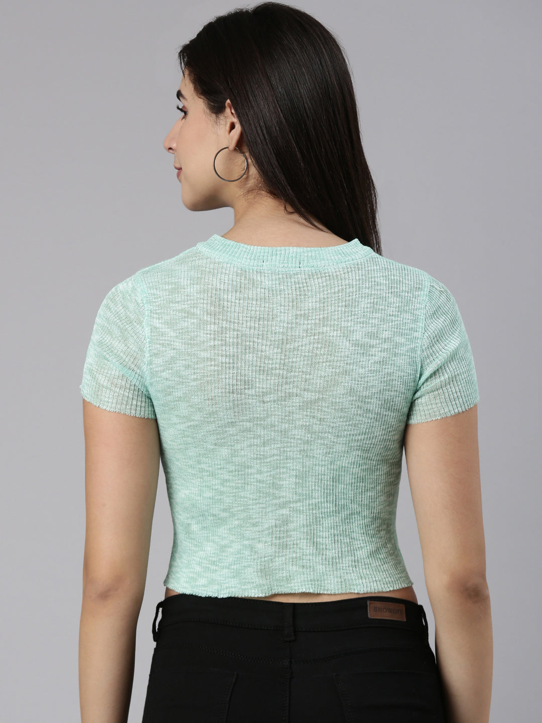 Women Round Neck Solid Sea Green Crop Top