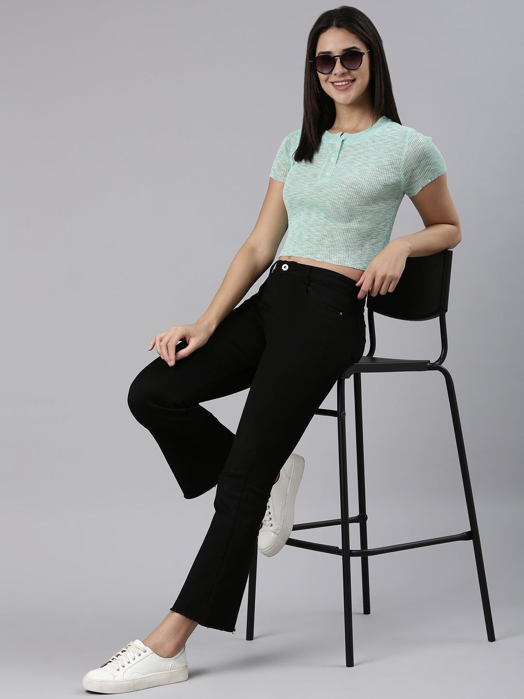 Women Round Neck Solid Sea Green Crop Top